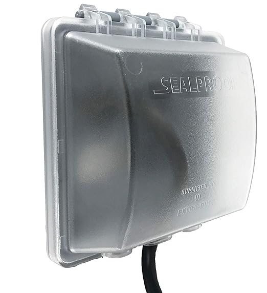 Sealproof 2-Gang Weatherproof Exterior in Use Outlet Cover and Box Kit - Double Gang Metallic Electrical Outlet Box with Three 1/2-Inch Holes and UL Extra Duty, Lockable, in Use Outdoor Outlet Cover