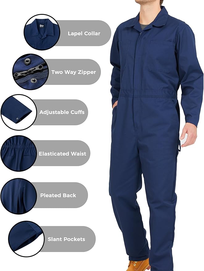 Ubon Long Sleeve Coveralls for Men, Zip Front Cotton Twill Work Coverall, Action Back Jumpsuit with Pockets