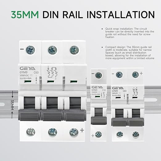 GEYA DC Miniature Circuit Breaker, 2 Pole 500V 63 Amp DC Disconnect Switch, Isolator for Solar PV System,Thermal Magnetic Trip, DIN Rail Mount (GYM9DC-2P-C63)