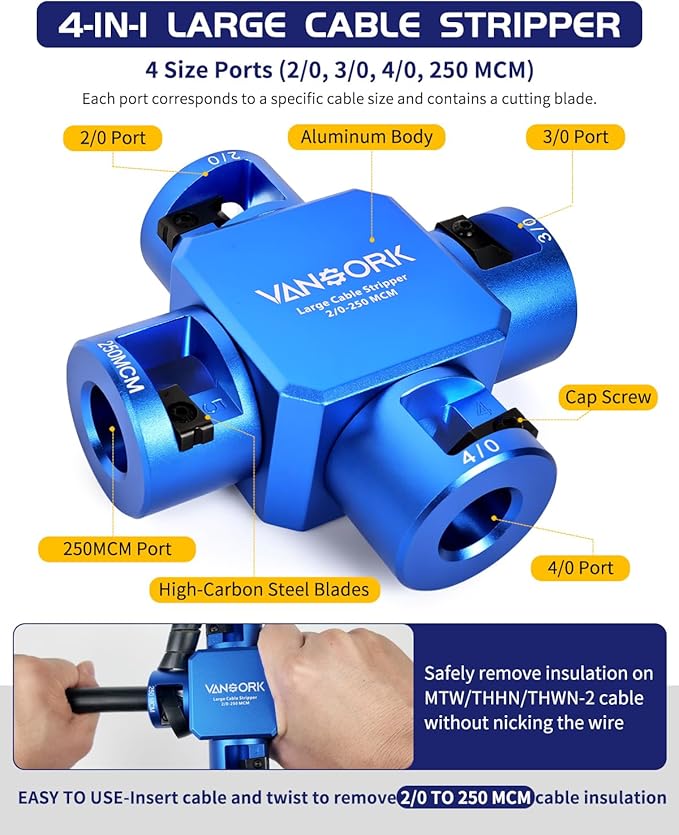 10380 Large Cable Stripper (2/0-250 MCM), 4-in-1 Clover Design Heavy-duty Cable Stripping and Cutting tool, Large Gauge Wire Stripper for Thick Cables Big Round Wire Insulation Jacket Removal