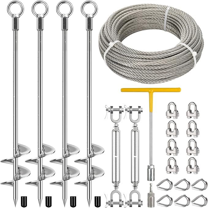 4 Pcs 30" Ground Anchors Heavy Duty with 50ft 1/4" Stainless Steel Cable & 2Pcs Turnbuckle, Fully Welded Ground Anchors Screw in Auger Earth Anchors for Sheds, Mobile Home, Tent, Swing Set