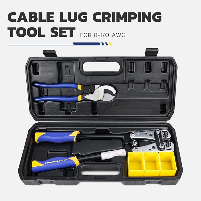 haisstronica Heavy Duty Battery Cable Crimping Tool Kit-Ratchet Hex Extended Handle Crimper for 8,6,4,2,1,1/0 AWG Copper Lugs with Blow Molded Box,Cable Cutter
