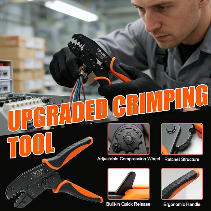 Crimping Tool for Non-Insulated Open Barrel Terminals Receptacles AWG 20-10, Ratcheting Wire Crimper - Crimping Pliers - Electrical Crimpers Tools