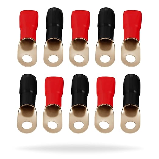InstallGear 1/0 Gauge AWG Tinned Pure Copper Lugs Ring Terminals Connectors with Heat Shrink (10 Pack - 5 Positive/5 Negative) | 1/0 Ring Terminal Electrical Connectors with Heat Shrink