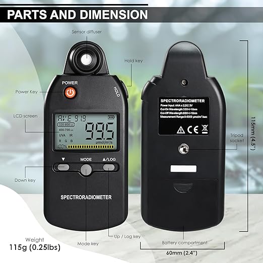 PAR Meter 320-800 nm PPFD Meter Measures PPFD, UVA, and IR Light Intensity, PAR Meter for LED Grow Lights, Quantum PAR Meter Features Data Storage, Hold/MAX/MIN/AVG, Wavelength Switching Modes