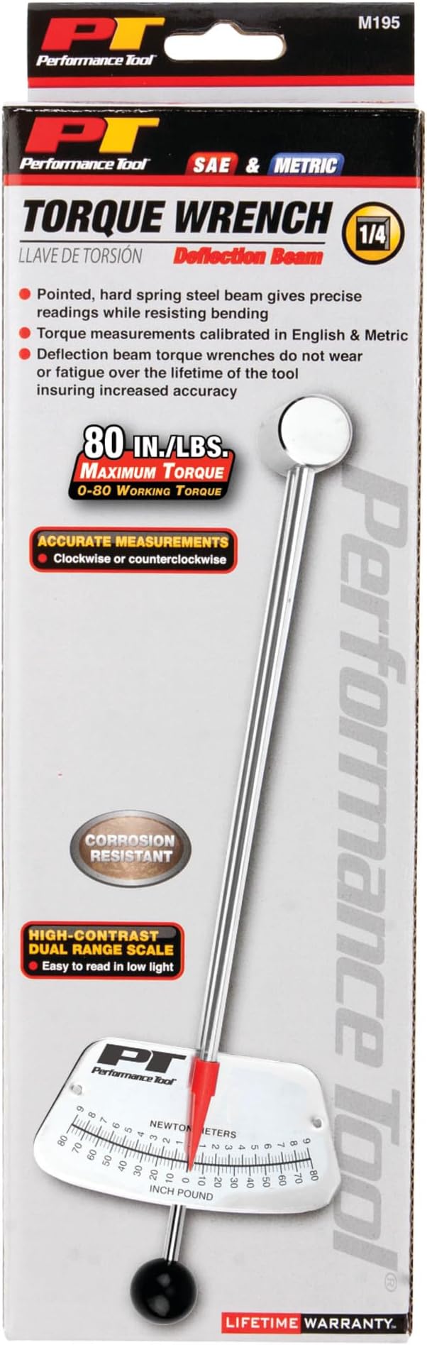 Performance Tool M195 1/4-Inch Drive Torque Beam Wrench - 0-80 inch/lbs | Ball Handle | Accurate Torque Measurement