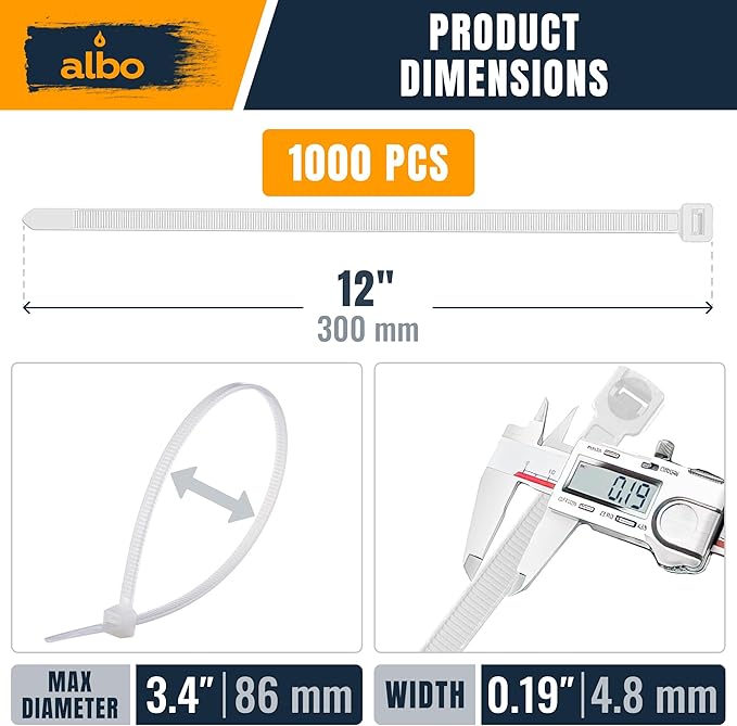ALBO Zip Ties White 12 Inch 1000 Pack 50 lb, Long Plastic Cable Ties Thick 0.19 Inch Tie Wraps Heavy Duty UV Resistant Nylon Wire Ties for Indoor and Outdoor
