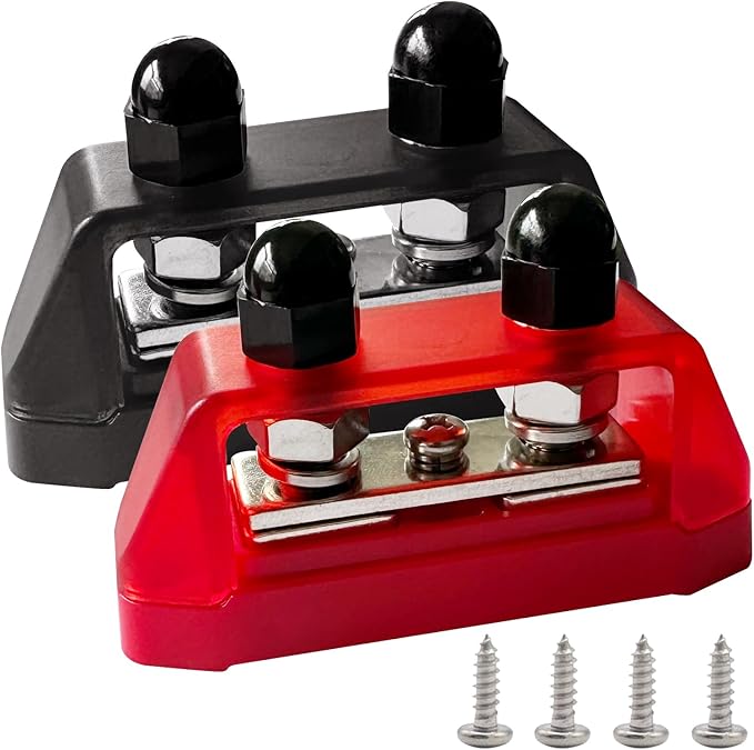 Ampper 5/16" Power Distribution Block Bus Bar 12V 200A, Dual Studs M8 Busbar Battery Junction Post Distribution Block with 1 x M4 Screw Terminal (Red and Black)