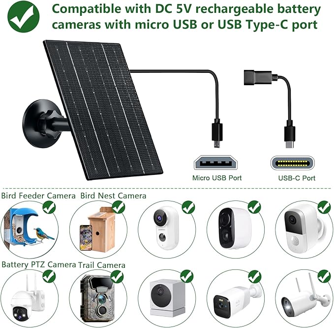 Zivif Solar Panel for Security Camera, USB/USB C Solar Panel Charger with Rechargeable Battery Powered Cameras, 9.8ft Cable, 360° Adjustable Mount (2 Pack)