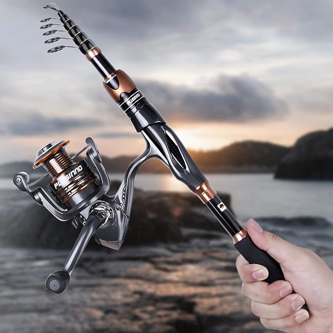 PLUSINNO Fishing Rod and Reel Combos, Bronze Warrior Toray IM6 Carbon Matrix Telescopic Fishing Rod Pole, 12 +1 Shielded Bearings Stainless Steel BB Spinning Reel, Travel Freshwater Fishing Gear