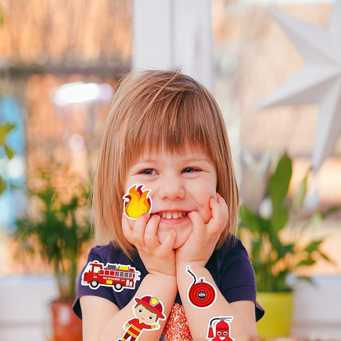 120PCS Fire Truck Stickers For Boys And Girls, Fire Engine Rescue Themed Stickers For Firetruck Birthday Party Supplies, Waterproof Firemen Sticker Packs For Notebook, Water Bottle, Teaching Board