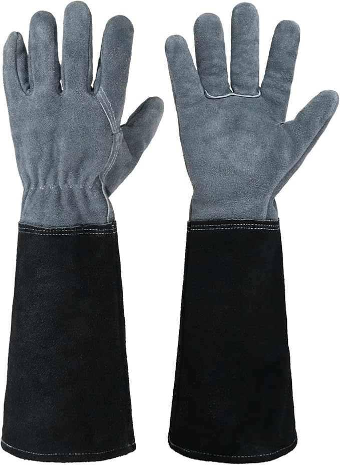 HANDLANDY Long Gardening Gloves for Men & Women, Cowhide Leather Rose Pruning Gloves, Breathable Thorn Proof Gauntlet Glove (Slate Gray, XL)
