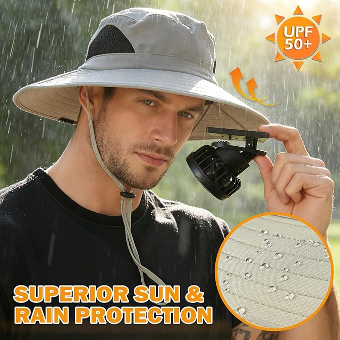 EINSKEY Solar Powered Fan Hat, UPF50+ Wide Brim Bucket Hat with Ultralight Clip-On Fans for Outdoor Hiking Fishing Gardening