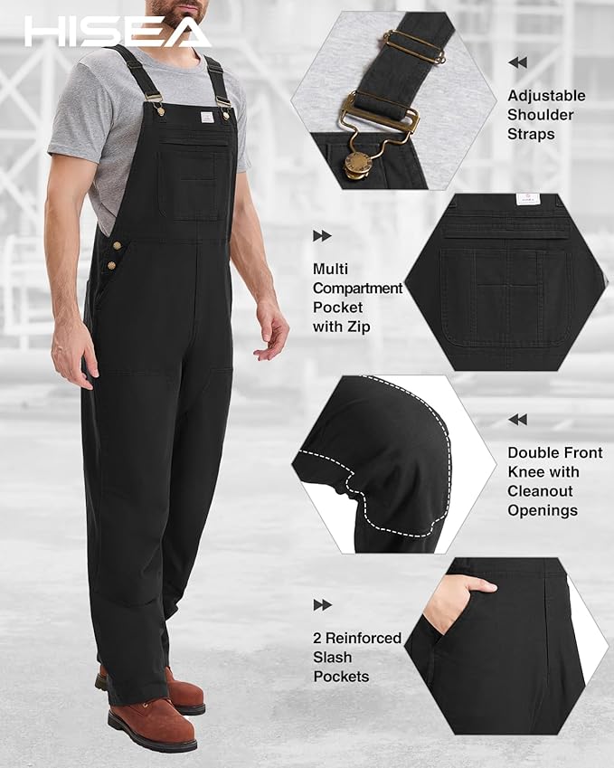 HISEA Flex Canvas Overalls for Men, Bib Work Double Knee Stretch Overall, Relaxed Fit Lightweight Workwear with Pockets