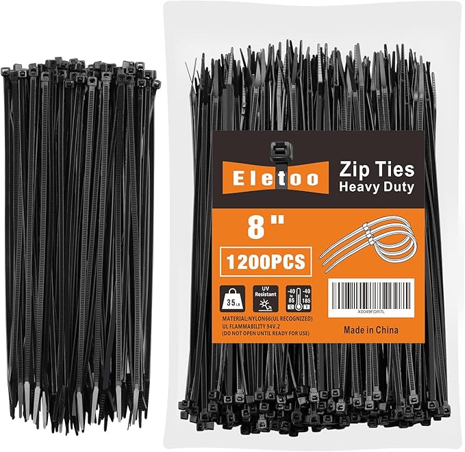 8 Inch Black Zip Ties (1200 Pack), 35 LBS Tensile Strength, Self-Locking Nylon PA66 UV Resistant Cable Ties for Indoor and Outdoor Use