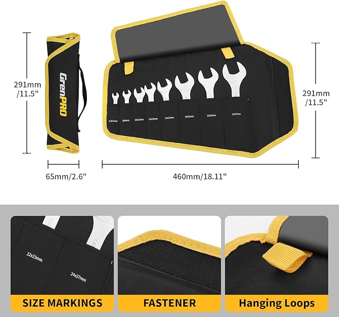 Super-Thin Metric Wrench Set, Open End Wrench Set, 9PCS 5.5, 7, 8, 9, 10, 11, 12, 13, 14, 17, 19, 21, 22,23,24,27mm, Slim Spanner Organizer Rolling Pouch with Gauge, Small Wrenches Tools Sets