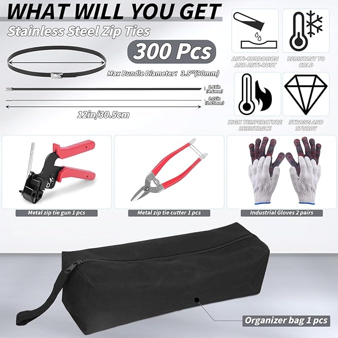 300PCS Metal Zip Ties Gun Kit, 12 Inch Heavy Duty Metal Zip Ties, Multi-Purpose Self-Locking Cable Tie Tool Set for Vehicles Farms Plants Fences Pipe Bundling, Scissors