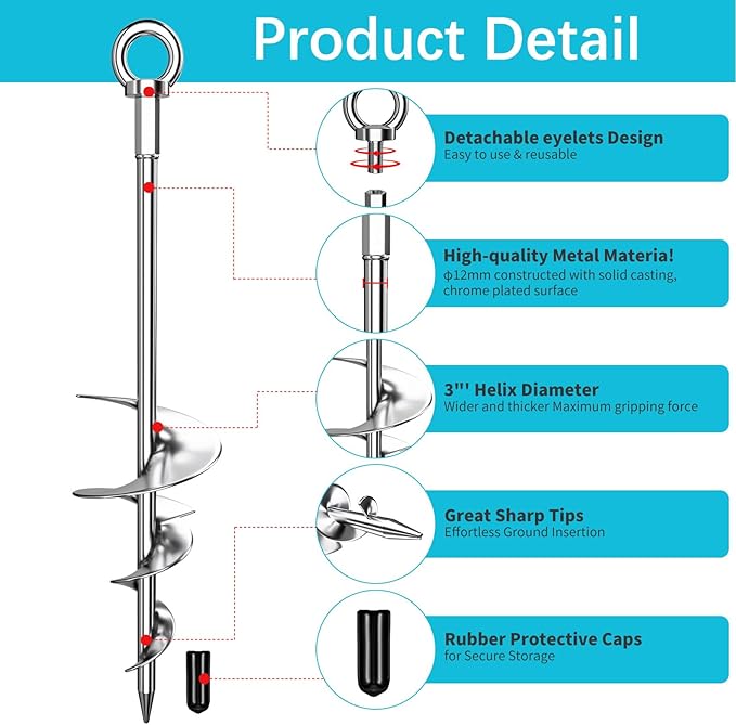 28'' Ground Anchors, Fully Welded Heavy Duty Ground Anchor Screw in Swing Set Anchors Chrome Plating Anti Rust Trampoline Anchor with Straps for Dogs, Trampoline Stakes Resistant High Wind