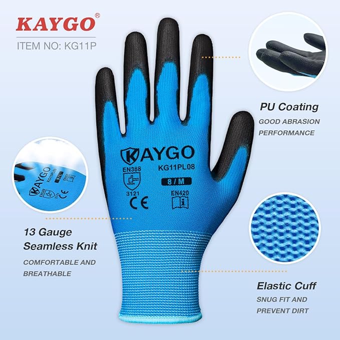 KAYGO Work Gloves for Men and Women, 12 Pairs Seamless Knit PU Coated Safety Gloves, with Smooth Grip on Palm and Fingers, Ideal for Light Warehouse, Manufacturing, Gardening, KG11P (L, Blue)