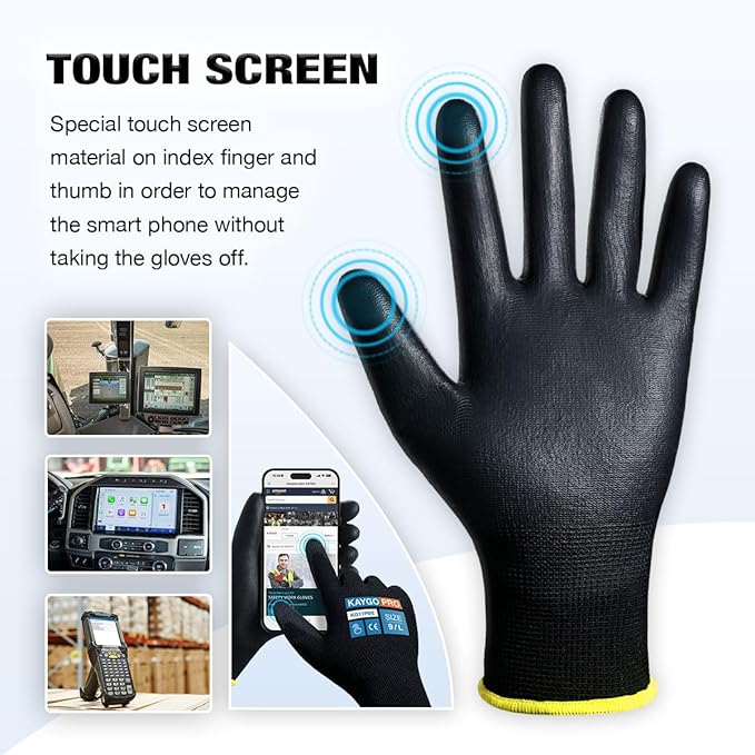 Work Gloves PU Coated for Men and Women, 12 Pairs Safety Work Gloves with Two Fingers Touchscreen, Breathable and Lightweight,Ideal for Light Warehouse, Manufacturing, Gardening, KG11P (2XL, Black)
