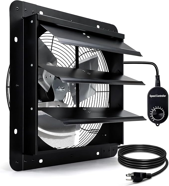 14 Inch Shutter Exhaust Fan for Greenhouse, Shed, Garage, Barn, Chicken Coop Ventilation, 1088 CFM High Power Wall Mount Attic Fan with Speed Controller and Power Cord, Black
