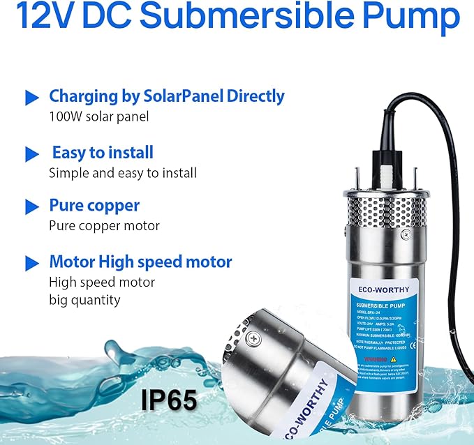 ECO-WORTHY 12V DC Submersible Deep Well Pump, MAX Flow 3.2GPM, Max Head 230ft, Water Pump Powered by Solar or Battery for Well, Livestock Drinking or Tank Filling…