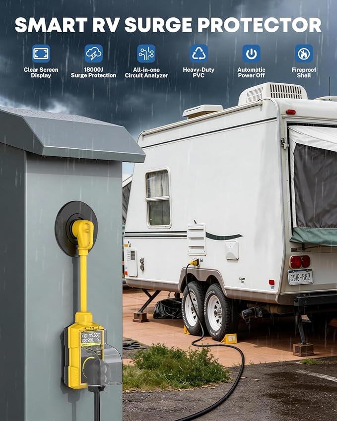 Kohree RV Surge Protector 30 Amp, 18000 Joules RV Power Surge Voltage Protection, RV Adapter Plug with Auto Shut Off LED Large Screen Real-Time Circuit Analyzer for Travel Trailers Camper-30A Yellow