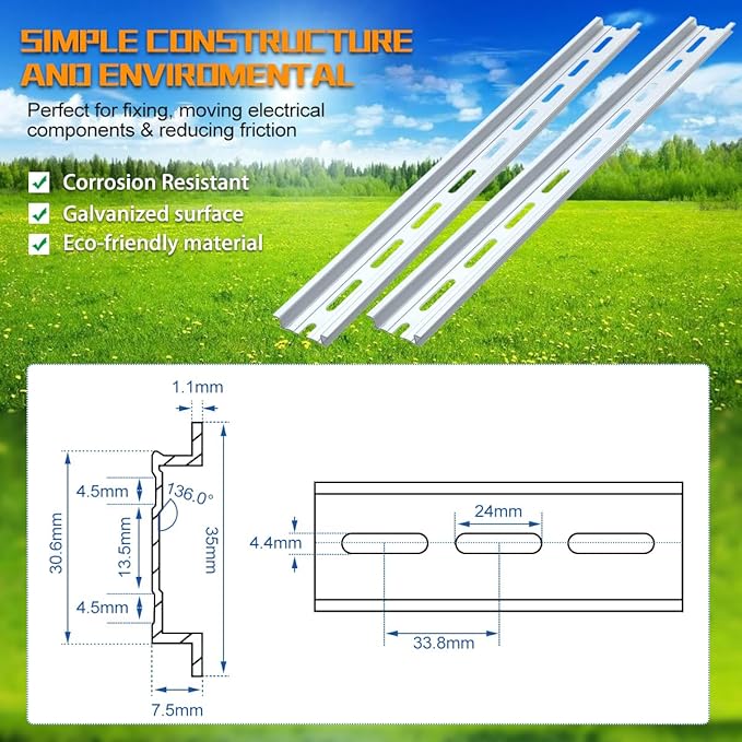 10 Piece Aluminum DIN Rails, 12 Inches Long, 35mm Wide, 7.5mm High, Top Hat Slotted DIN Rail with RoHS, Extra Premium Screws Included for Hardware Components Mounting