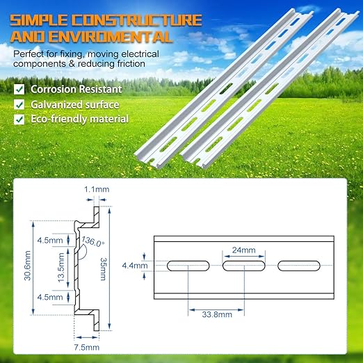 12 Piece Aluminum DIN Rails, 8 Inches Long, 35mm Wide, 7.5mm High, Top Hat Slotted DIN Rail with RoHS, Extra Premium Screws Included for Hardware Components Mounting