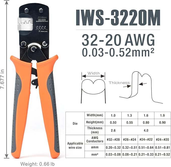 iCrimp IWS-3220M Micro Connector Pin Crimping Tool 0.03-0.52mm² 32-20AWG Ratcheting Crimper for D-Sub,Open Barrel suits Molex,JST,JAE