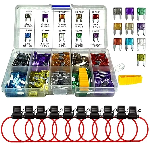 MuHize 12V Mini Fuse Holder - 120 Pcs Multi-Size Blade Fuses (2A 3A 5A 7.5A 10A 15A 20A 25A 30A 35A) & 10pcs 14AWG Holders, for Car Audio/RV Protection