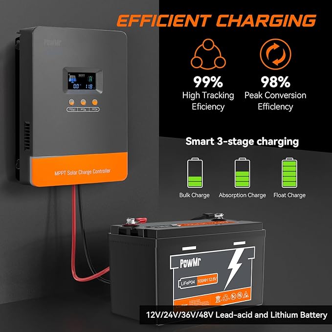PowMr MPPT 80A Solar Charge Controller 12V/24V/36V/48V Auto, 80Amp Solar Controller Support up to 12 Parallel Connection, Work with Lead-Acid and Lithium Batteries