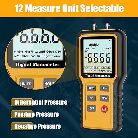 BTMETER Manometer Gas Pressure Meter, Dual Port Manometro Pressure Differential Gauge Check Air Flow Pressure for HVAC Gas Furnace, Digital Manometer w/Backlight 12 Measure Units QX-1201