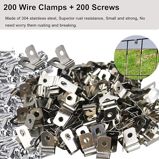 200 Pcs Fence Wire Clamps with 200 Pcs Screws, Stainless Steel Wire Clips Mount Welded Wire to Vinyl, Wood or Metal Fence (for 12-16 Gauge Wire Fencing)