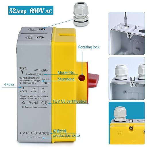 32 Amp Disconnect Switch IP66 Waterproof 690V AC Disconnect 30Amps Electric Switch for Machines On Off Combiner Box 4 Pole for PV Systems