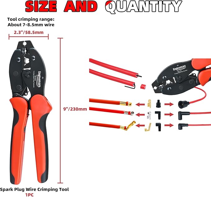 Spark Plug Wire Crimper, Crimping Pliers for Spark Plug Stripping Tool, EM-2048 for Crimping and Stripping Spark Plug Wire, Dia 7.0-8.5mm, Ratchet spark plug wire crimping tool