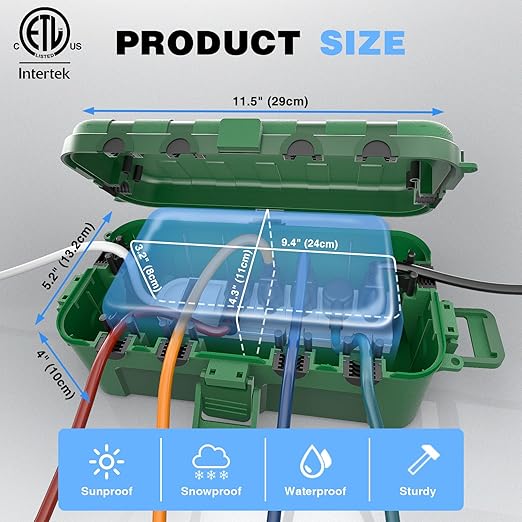 Flemoon Medium Outdoor Electrical Box (11.5x5.2x4 inch), IP54 Waterproof Extension Cord Cover w/6 Cable Entry Ports, Weatherproof Connection Box for Power Strip, Timer, Plug, Holiday Lights, Green