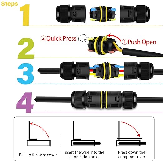 NineLeaf 48PK Waterproof Electrical Cable Connector 3-Pin Push-in Type, IP68 Outdoor M20 Wire Connector 5-12mm, Fast Press-fit Junction Box for Garden and Landscape Lighting Projects