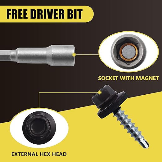 300pcs #10 x 1 Brown Hex Head Self-Drilling Metal Roofing Screws, EPDM Washer, Colored Head, Wood Screws, Sheet Metal Roof Screw with Hex Driver Bit