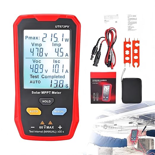 Solar Panel Tester Meter Photovoltaic Multimeter 800W, Solar MPPT Meter with Large Ultra Clear LCD, Smart MPPT Open Circuit Voltage Troubleshooting Utility Tool for PV Testing