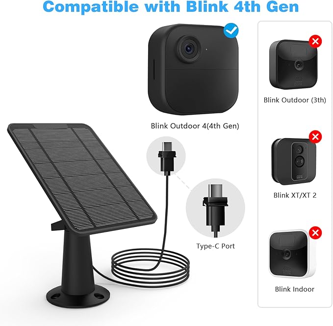 6W Solar Panel for Blink 4 Camera Solar Panel Compatible with Outdoor Solar Panel Charger for Blink 4th Gen Camera with Rubber Plug,USB-C, 13.12ft Cable, IP65 Waterproof