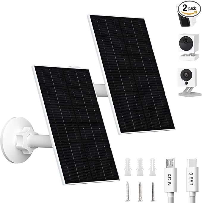 FUTUREZEN 4W Solar Panel for WYZE Cameras, USB-C & Micro USB Solar Charger, Compatible with WYZE Cam Pro, Outdoor Cam V1/V2, 9.8ft Cable, IP66 Waterproof, 360° Adjustable Mount (2 Pack)