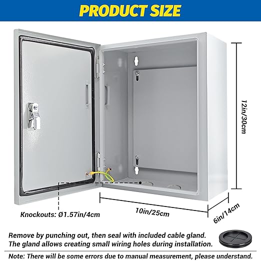 Electrical Box 12 x 10 x 6'' Steel Electrical Junction Box，NEMA 4X Steel Enclosure Box，Indoor&Outdoor Electrical Box Waterproof & Dustproof，Wall Mounted Universal，with Lock & Mounting Plate