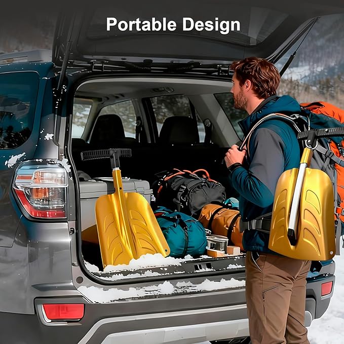 Snow Shovel with Ice Scraper & Brush, 17-30'' Extendable with Lightweight Aluminum Handle, 3-in-1 Folding Collapsible Winter Shovel Snow Removal for Camping Car Emergency Outdoors Home Yellow