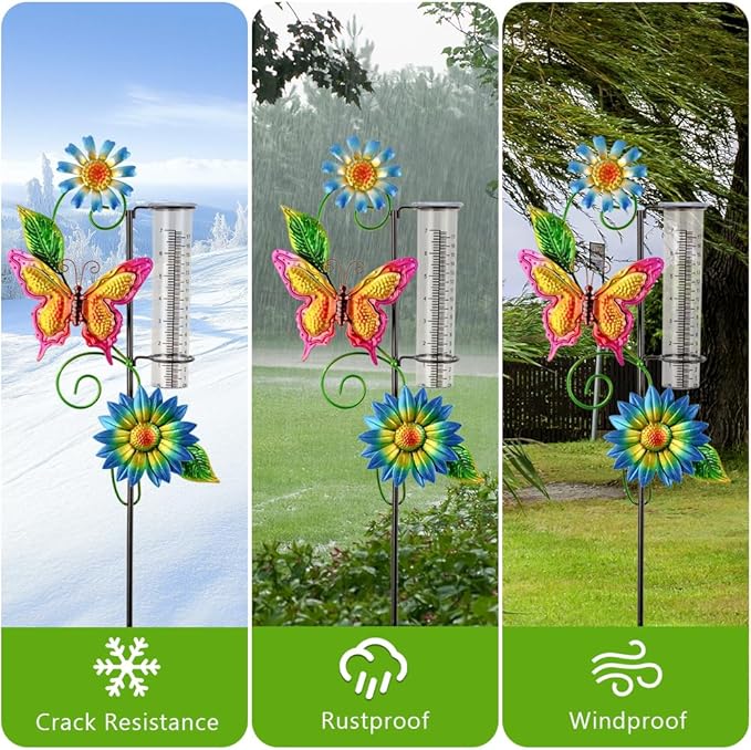 Rain Gauge Outdoor, Butterfly Rain Gauge with Metal Stake, 7 Inch Tube Rainfall Measurement, Decorative Rain Measure Tool for Patio, Lawn, Garden