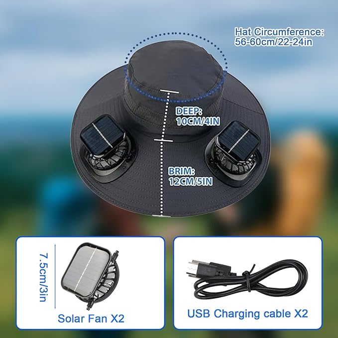 Solar Fan Hat, Wide Brim Sun Cap with 2 Solar Sun Protection Fans, USB and Solar Powered Fan Hat