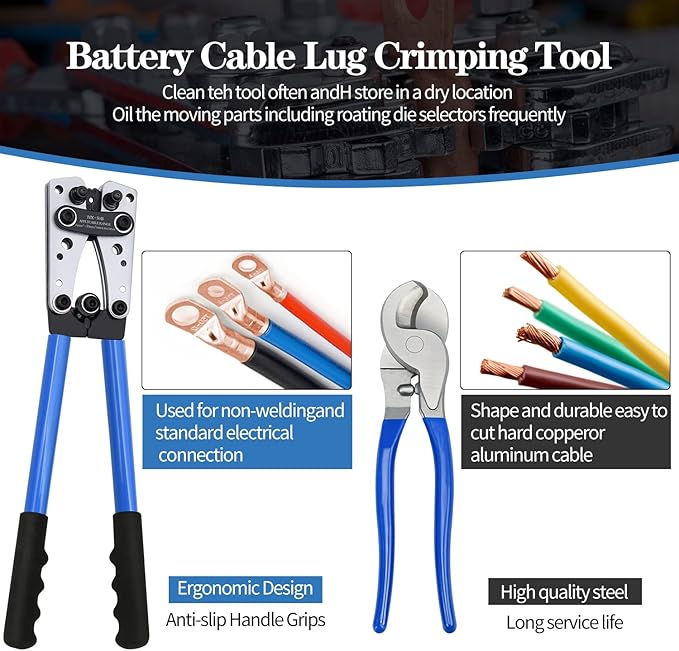 Battery Cable Lug Crimping Tool, Wire Crimper Tool with Cable Cutter for AWG 10-1/0 Electrical Lug Crimper, Heavy Duty Wire Lugs, Battery Terminal, Copper Lugs