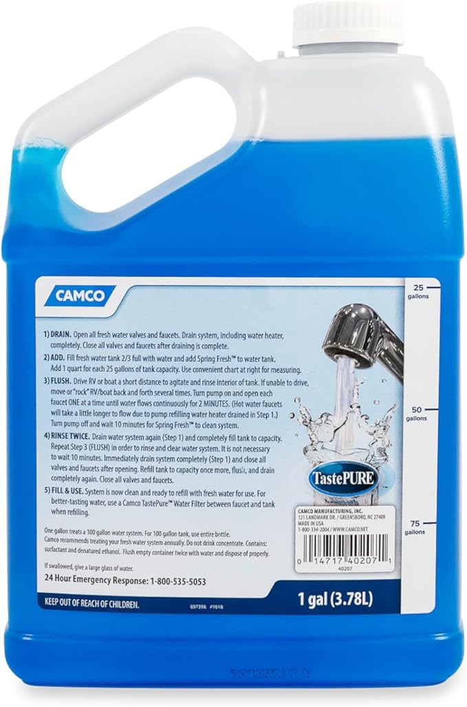 Camco TastePURE Spring Fresh Water System Cleaner and Deodorizer for RV and Marine | Cleans and Freshens Water Lines | Great for Dewinterizing - 1 Gallon (40207)