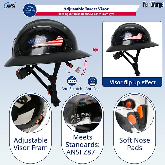 Full Brim Hard Hats Construction OSHA Approved with Visor-Vented Hard Hat with Neck Gaiter with Ear Loops,Safety Hard Hats for Men with Chin Strap ANSI Z89.1 Type 1 Class C,6-pt Suspension