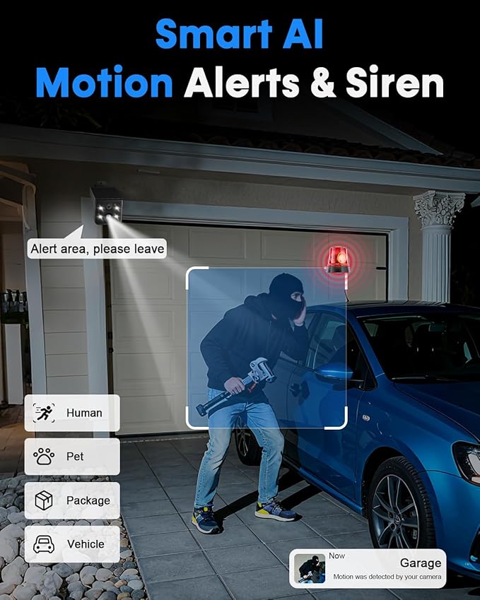 Solar Outdoor Wireless Camera 4 PCS - 2K HD, AI Motion Detection, Easy Setup, WiFi, Color Night,Outdoor Surveillance for Yard & Driveway, Black